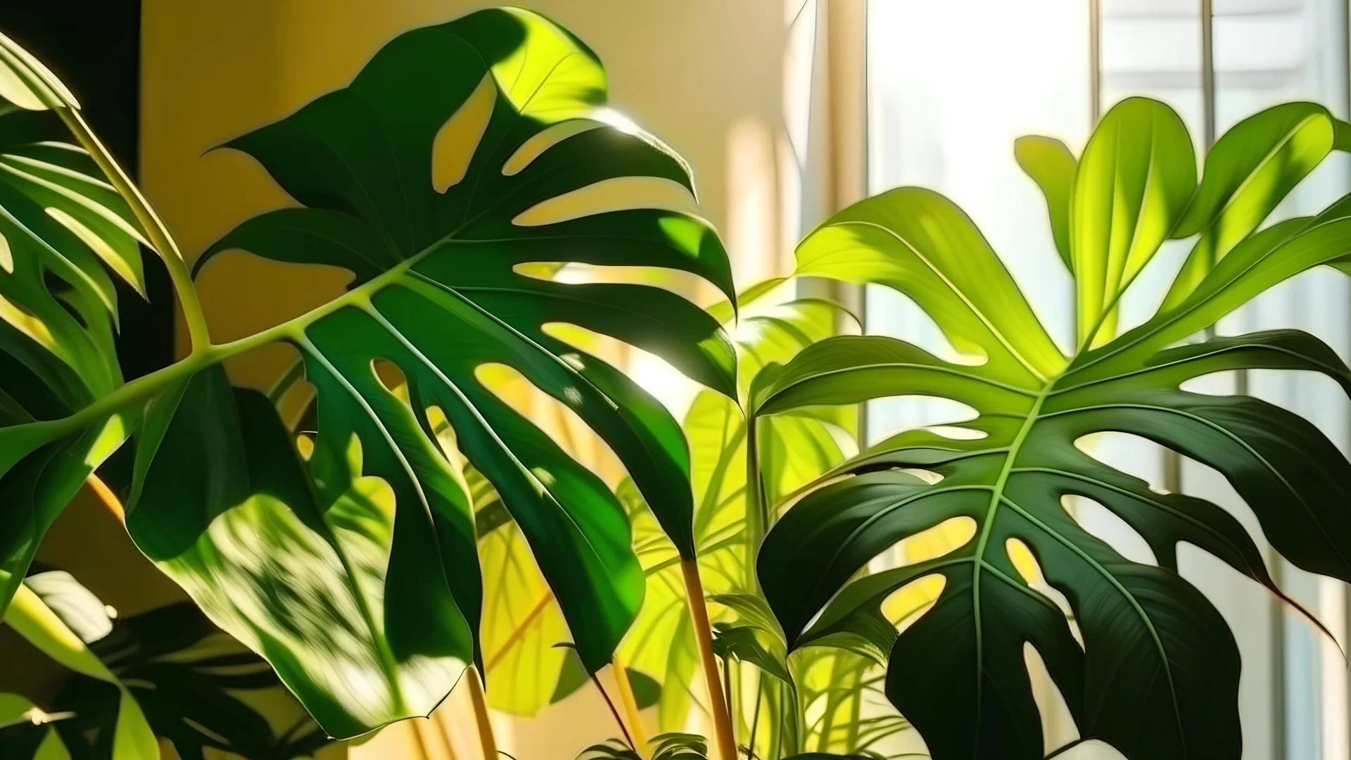 Monstera or Swiss Cheese plant in the sun. Beautiful combination of colors: green, white, yellow. Stylish and minimalistic urban jungle interior