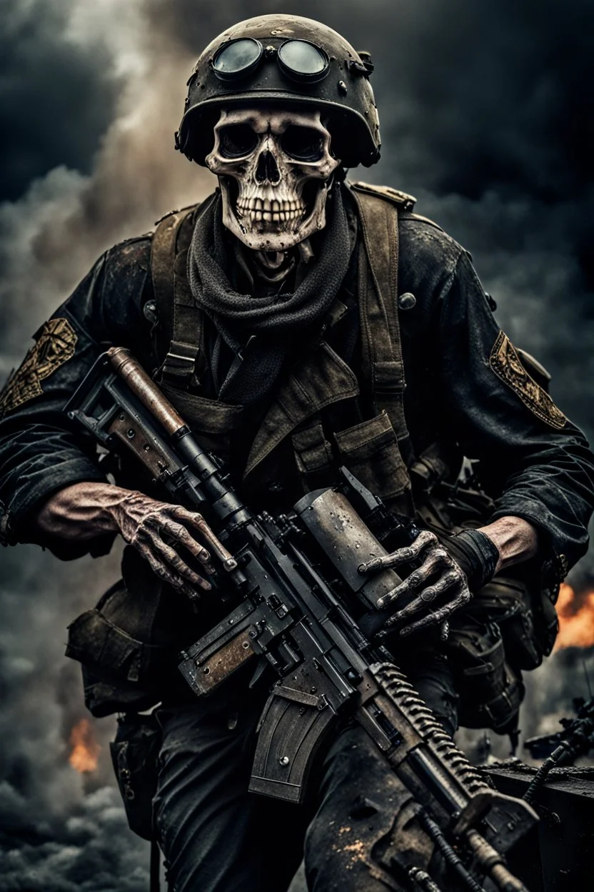 ultra high definition image of an attractive but scary looking skeleton, rising from the ashes, a war veteran, partially humanlike characteristics, army beret and ripped amo wear, very detailed, chaotic background, dramatic close-up action shot of him on a burned out war tanker with a torpedo on shoulder ready to fire and ammo ,gothic and dark theme, 12k