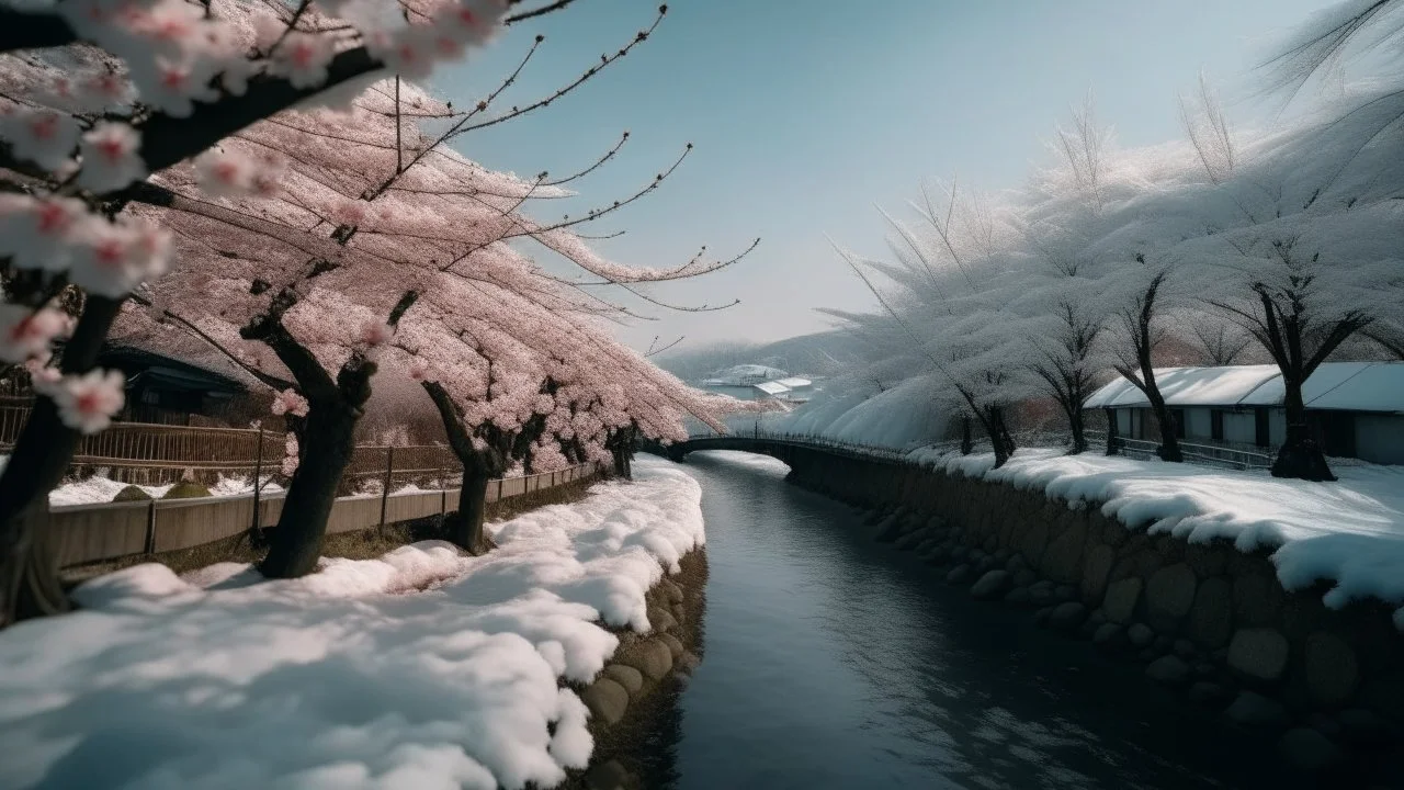 Cherry Blossoms in Hokkaido in the wintertime, Canon RF 16mm f:2.8 STM Lens, hyperrealistic photography, style of unsplash and National