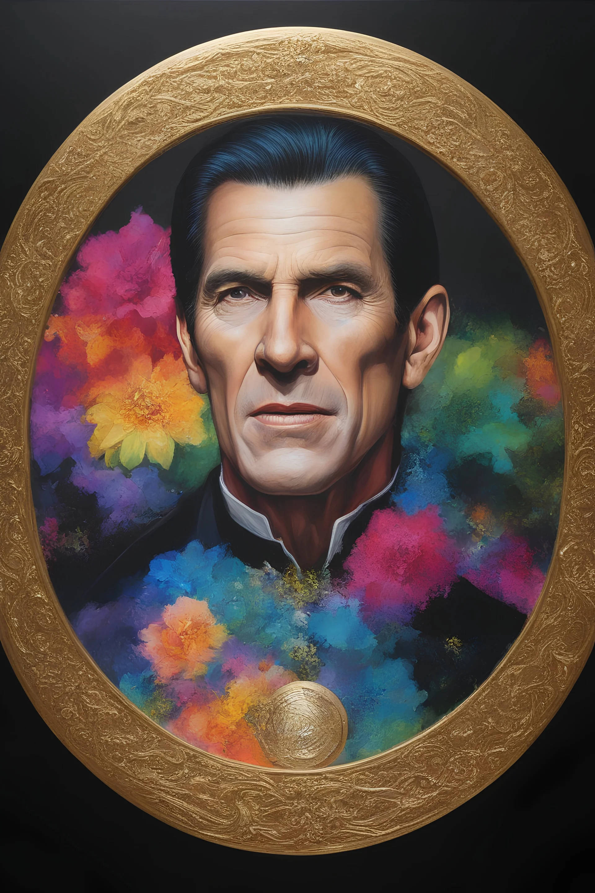 Count Dracula's face inside a small gold circle, Leonard Nimoy/Henry Cavill/Michael Jackson, multicolored, large, Floral/rainbow designs, atmospheric, beautiful, bright, vibrant colors, pitch-black background, oil painting by Boris Vallejo, 4k UHD, Photorealistic, professional quality