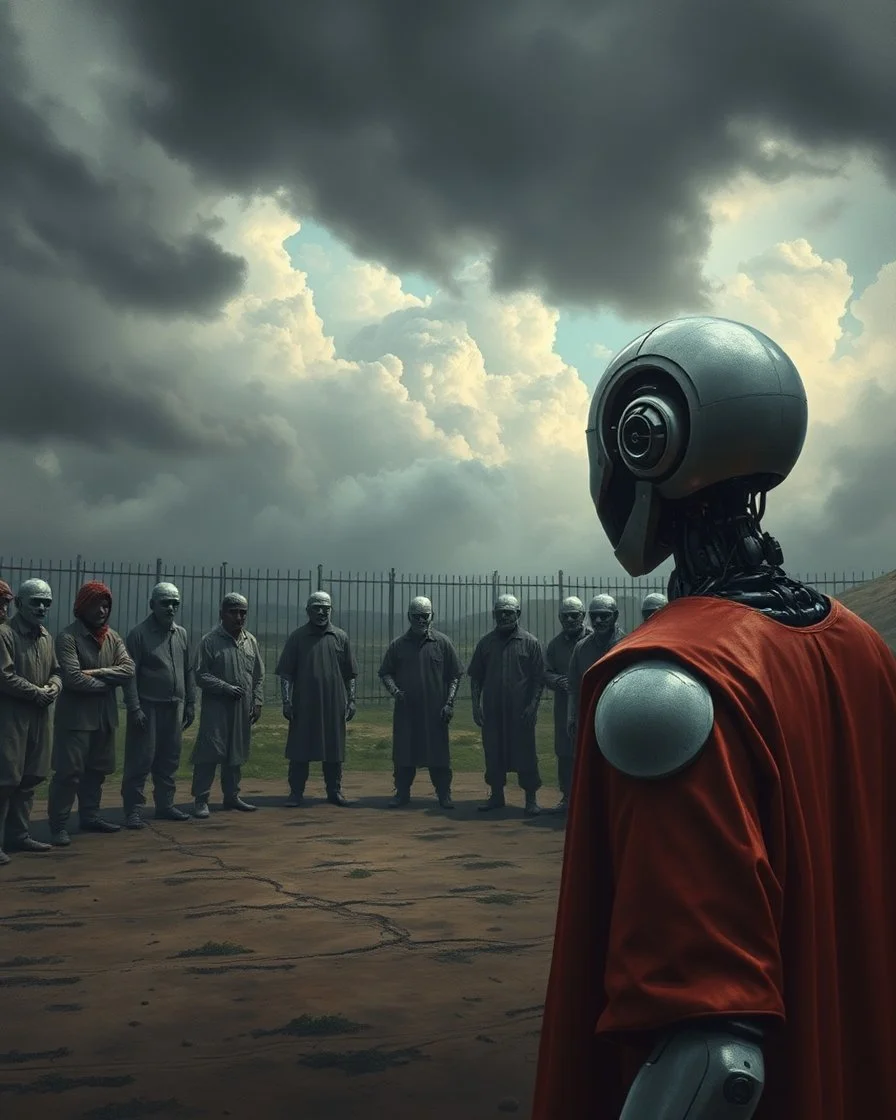 Bosch painting style, nightmare , an Ai robot watching a prisoners lined up in circle , one after another , great quality picture with cinematic scenes , heavy clouds in the background