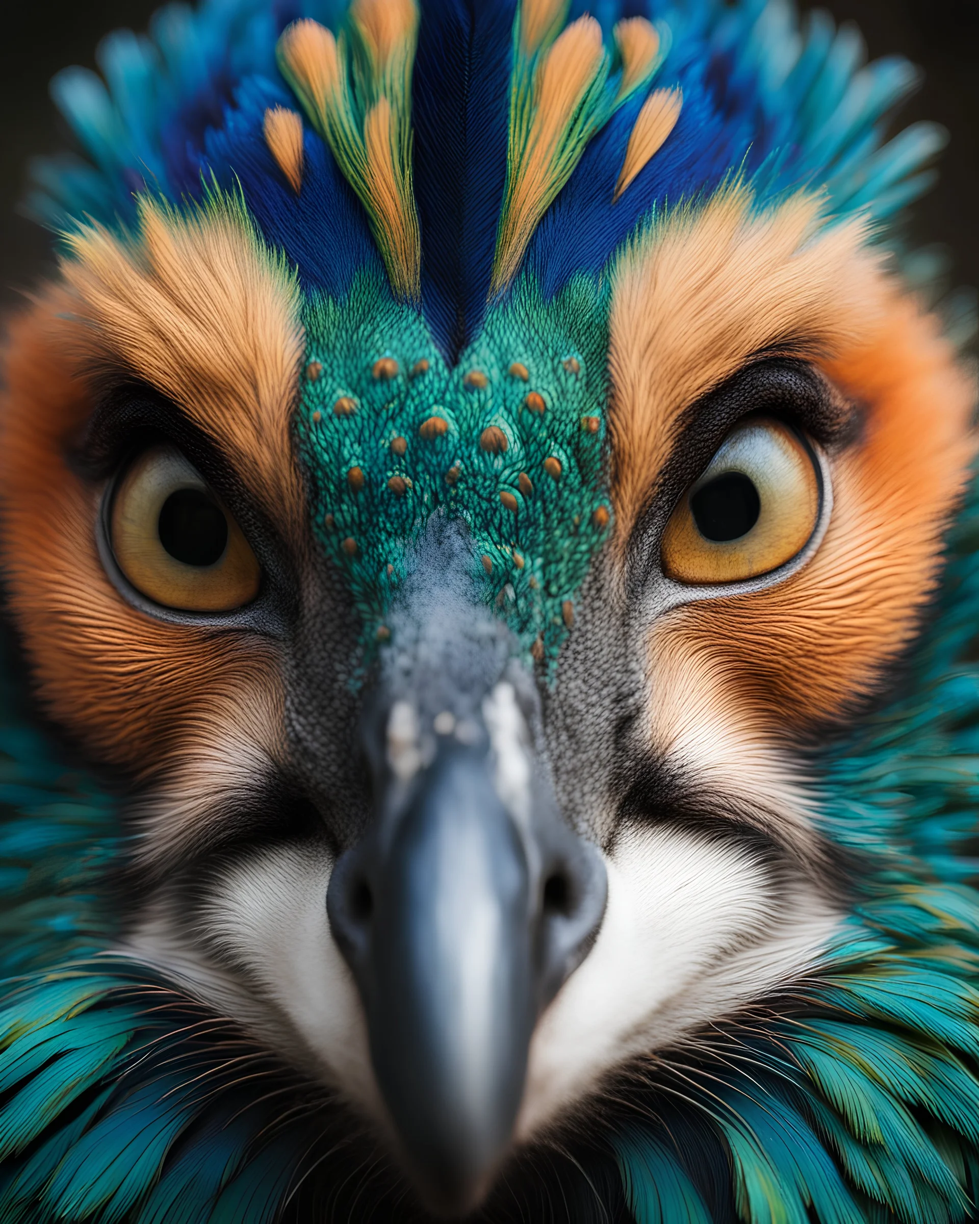 Create a breathtaking close-up portrait of an exotic animal with vibrant, colorful features. Focus on intricate details like the texture of the fur, feathers, or scales, and capture the animal's striking eyes and unique markings. The background should be softly blurred to emphasize the animal's beauty. Choose an animal with extraordinary and vivid colors, such as a peacock, mandarin duck, or a tropical frog. The overall composition should evoke a sense of wonder and highlight the animal's natura