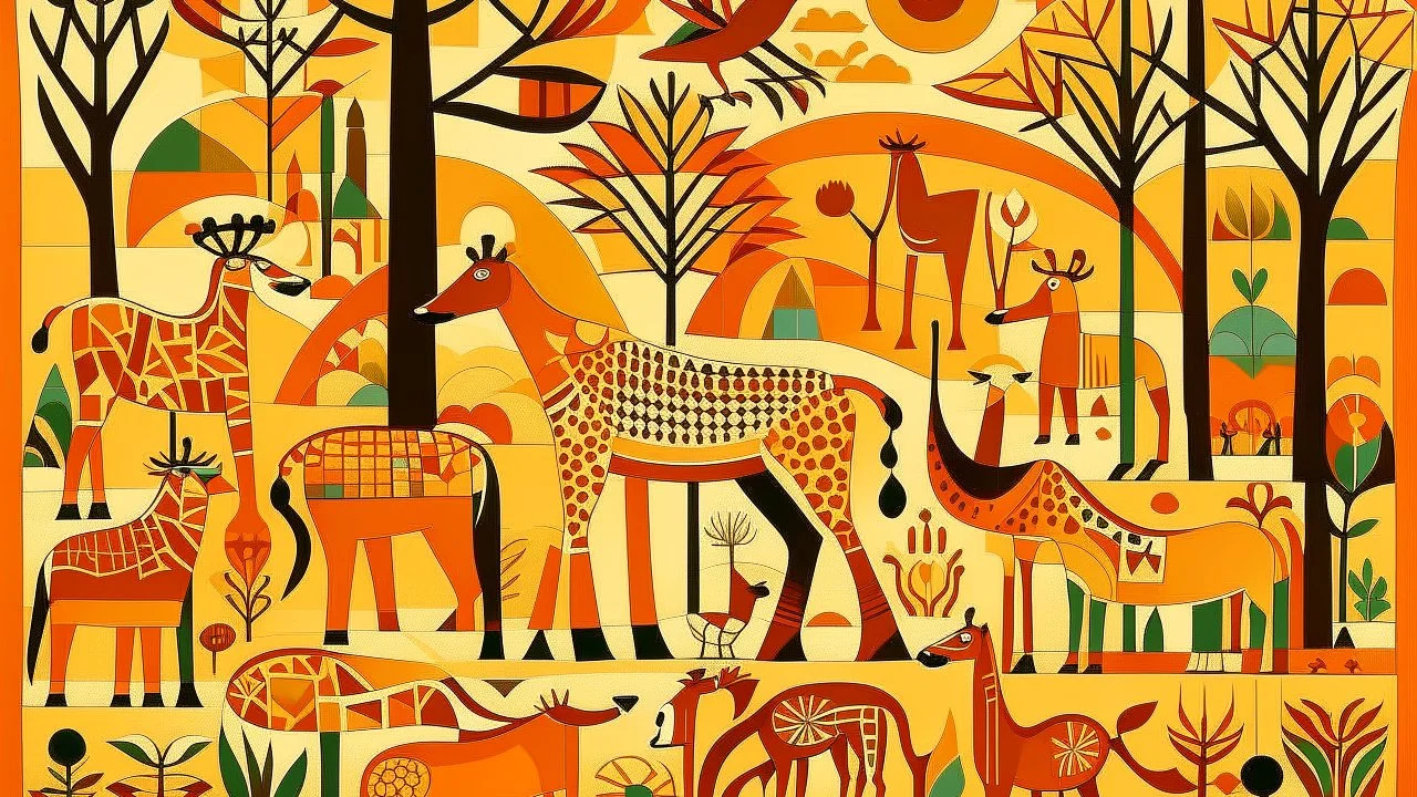 A light orange colored savanna with animals designed in ancient Roman mosaics painted by Stuart Davis