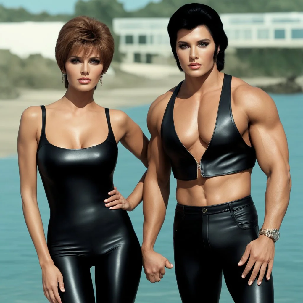 An extremely muscular young man who resembles Elvis Presley with pixie-cut black hair, wearing a black leather jacket and pants, standing next to a beautiful woman with auburn hair who resembles Raquel Welch, wearing a black two-piece bathing suit with a perfect shaped, stacked body, and a perfect face, 4k, 8k, 32k UHD, Hyper realistic, extremely colorful, vibrant, photorealistic, realistic, sharp, highly detailed, professional quality, beautiful, awesome, majestic,