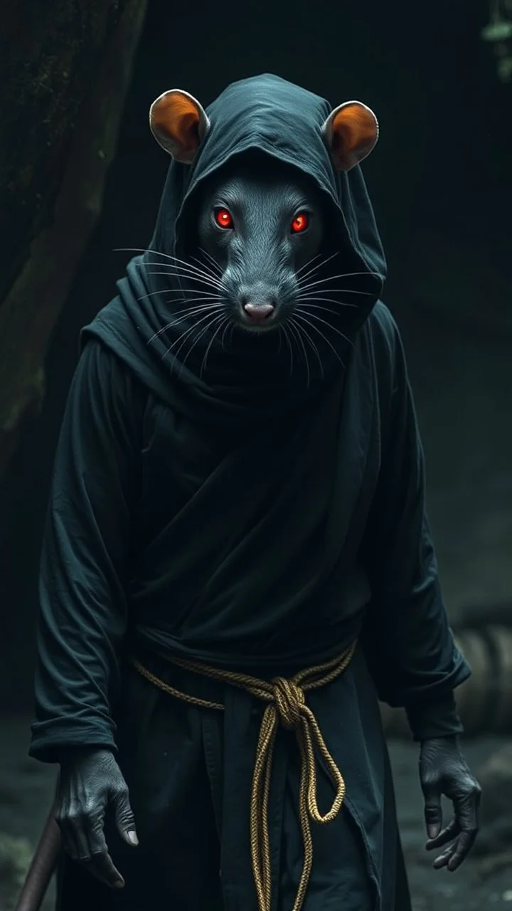 the yoga rat man, black eyes with white glints, ou’re looking at someone who doesn’t just walk into shadows—they belong to them. The black robes cling like a second skin, the belt tied tight with gold thread that catches the light only when he moves. His face is wrapped, but not hidden—his eyes glow like embers, red and steady, as if he’s already seen what waits inside the cave. The tail curls behind him, not in fear, but in readiness. He doesn’t need a torch, because the darkness answers him.