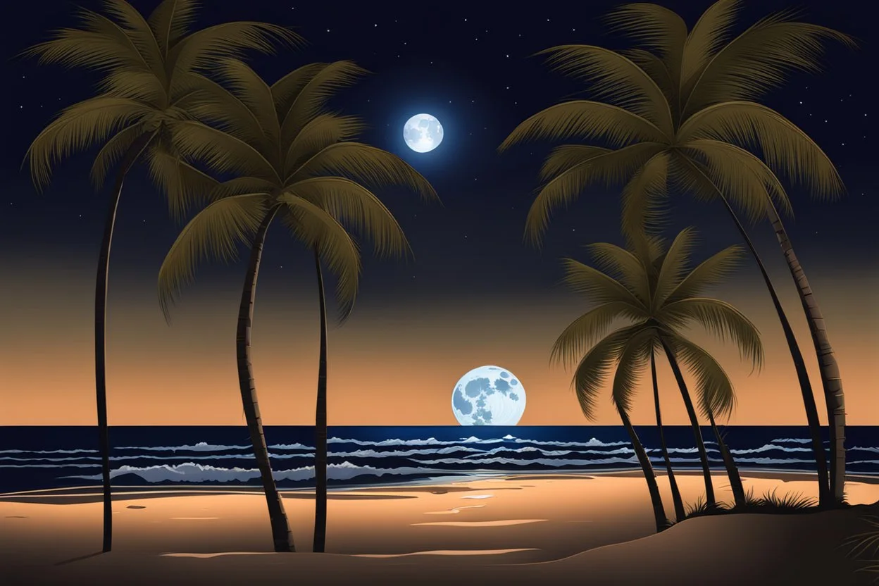 Full moon through palm trees, sandy beach, reflection in the ocean