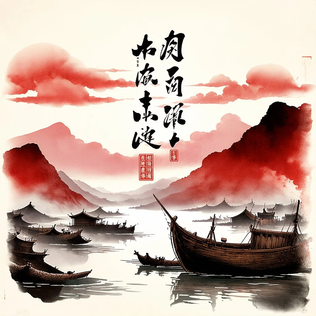 An ancient Chinese scroll painting with vertical Chinese character calligraphy flourishes, featuring a Junk in an Asian misty sunset fishing village, dramatic landscape, Chinese art style, silkscreened mind-bending illustration, fine detail, stunning masterpiece, warm colors, rule of thirds, warm colors, red and pink tints, inspired, expansive, with traditional Chinese ink wash techniques for shading