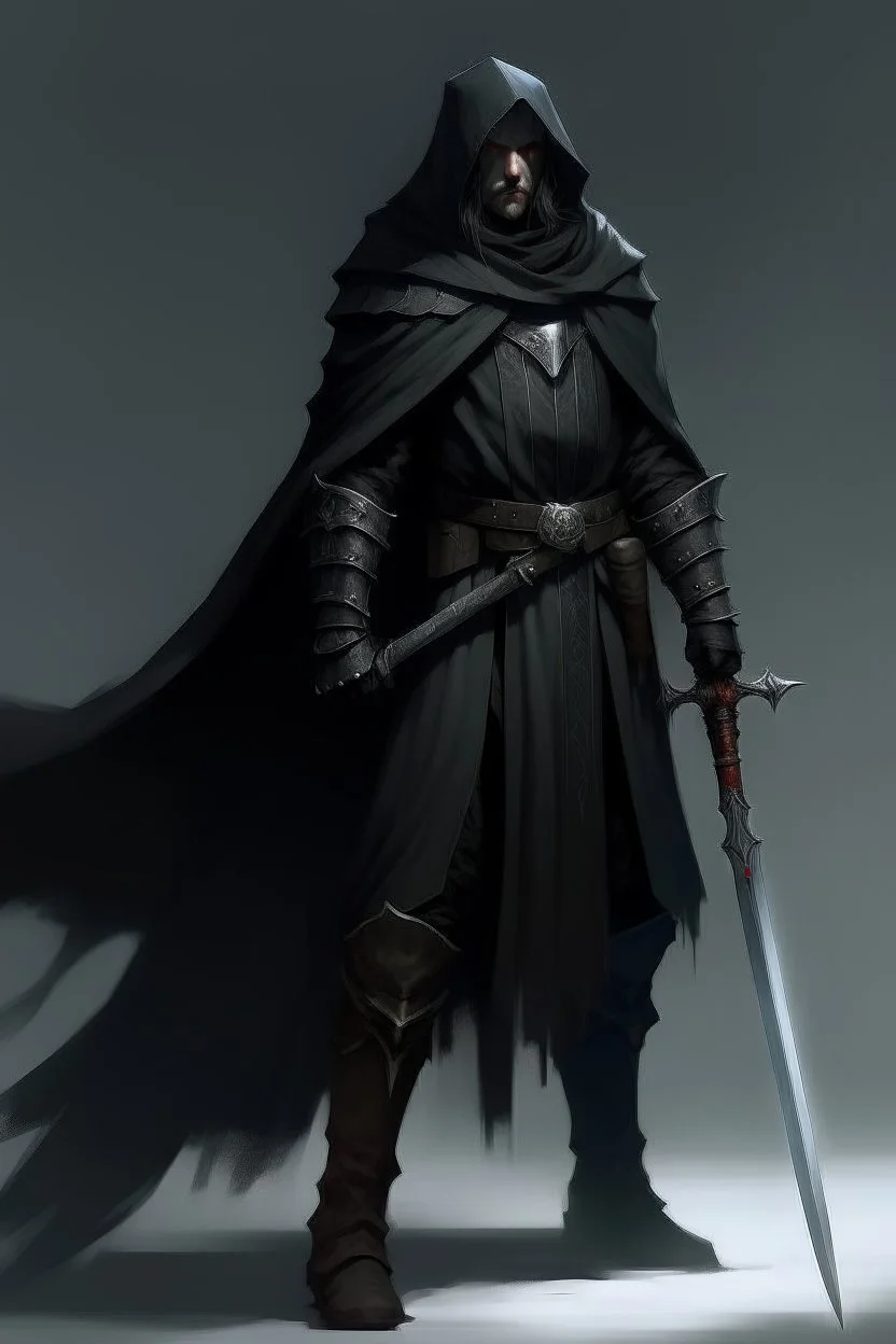 A commander with a black cloak and a long coat with long combat boots and a long spear