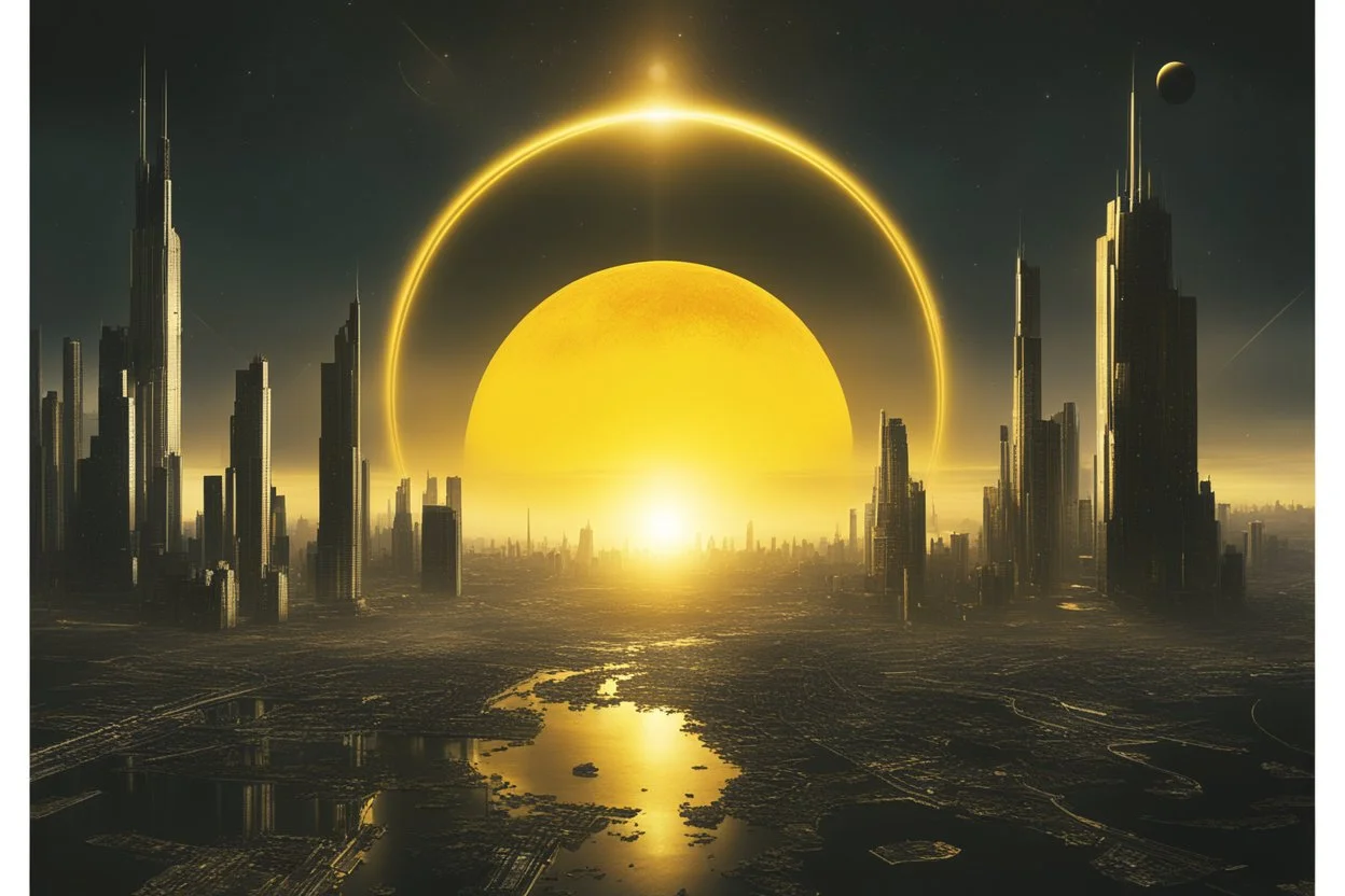 single planet in space silhouetted against cusp of giant yellow sun, epic fantasy sci-fi style, hugeg transparent dome city on surface