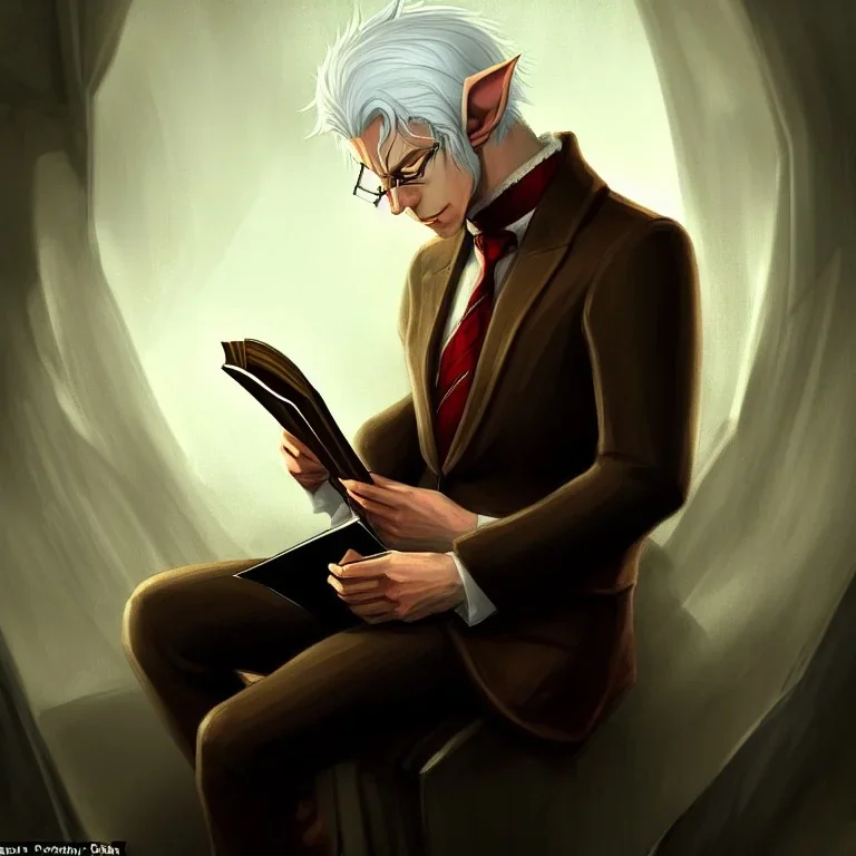 portrait of one single calm elf with white hair in brown suit reading a legendary book, fantasy character art, concept art, somber, gloomy lighting, 3d concept art, stylized