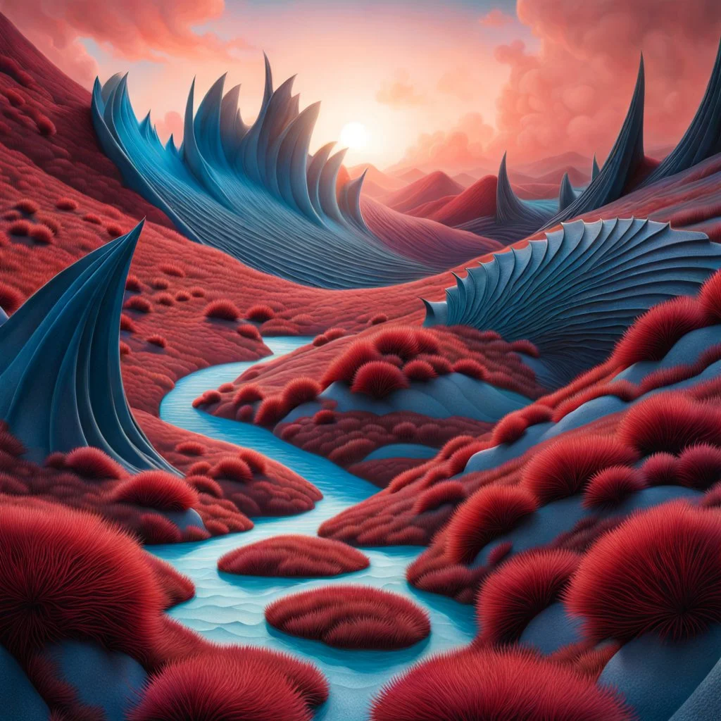 Photograph realistic detailed movie shot of a landscape background by denis villeneuve, amano, yves tanguy, alphonse mucha, ernst haeckel, max ernst, roger dean, masterpiece, rich moody colours, dog teeth, blue eyes, sunrise, strong texture, extreme detail, intricate, strong colours, bas-relief, high resolution, volumetric light, 8k, 3d, cinematic, rich moody colors, sparkles, blue eyes, octane render, 55mm photography, 8k, sharp focus, volumetric light, ZBrush, architecture by henri rousseau