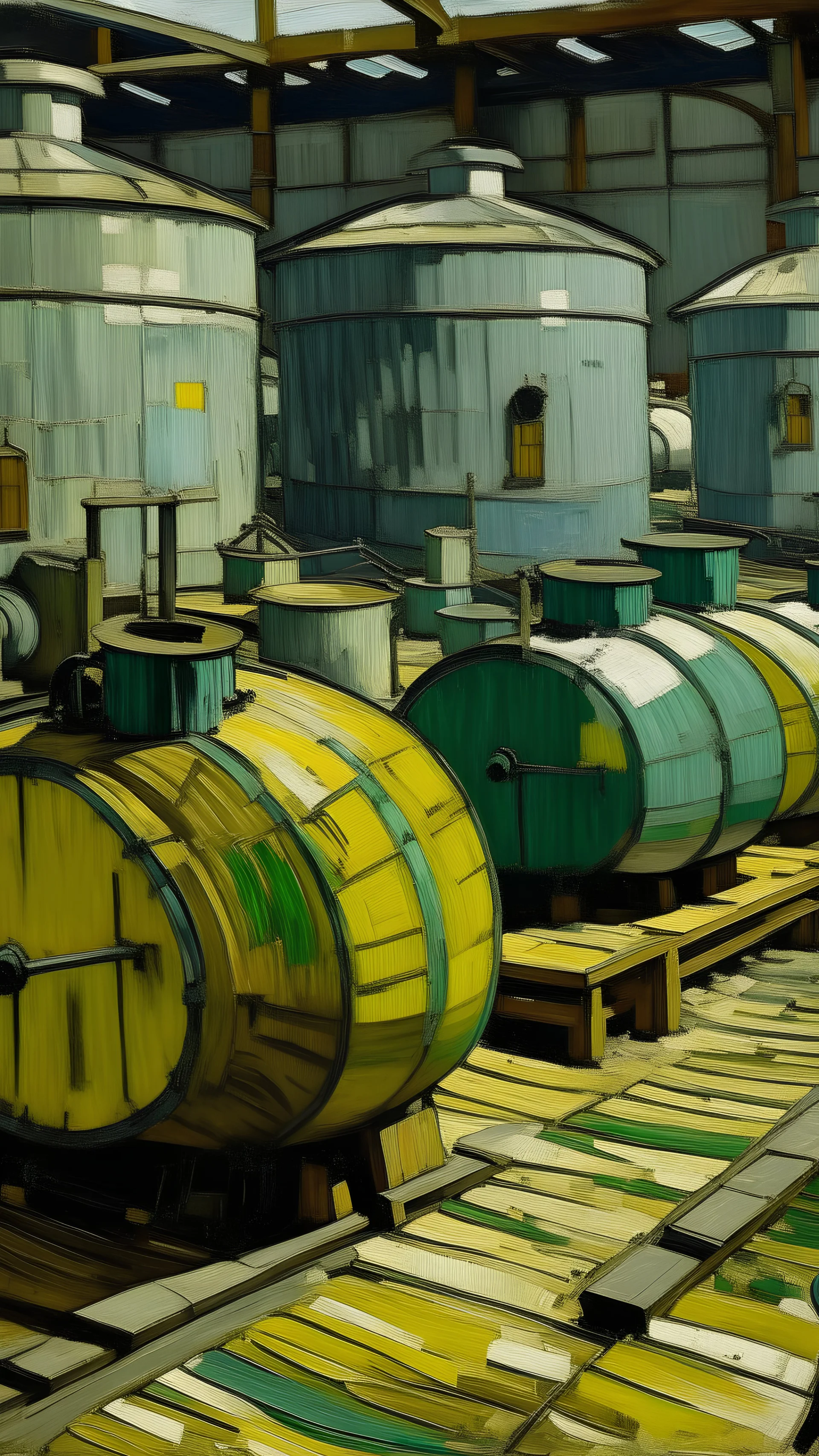 A gray factory filled with tanks painted by Vincent van Gogh