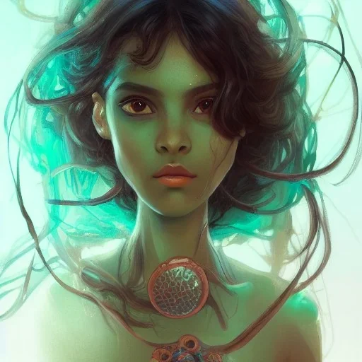 alien girl, cute, beautiful, long hair, curly hair, black hair, slim body, brown eyes, big eyes, green skin, turquoise dress, head and shoulders portrait, fantasy, 8k resolution concept art portrait by Greg Rutkowski, Artgerm, WLOP, Alphonse Mucha dynamic lighting hyperdetailed intricately detailed