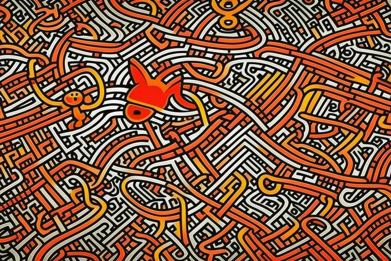 A light rosy orange colored cybernetic land painted by Keith Haring