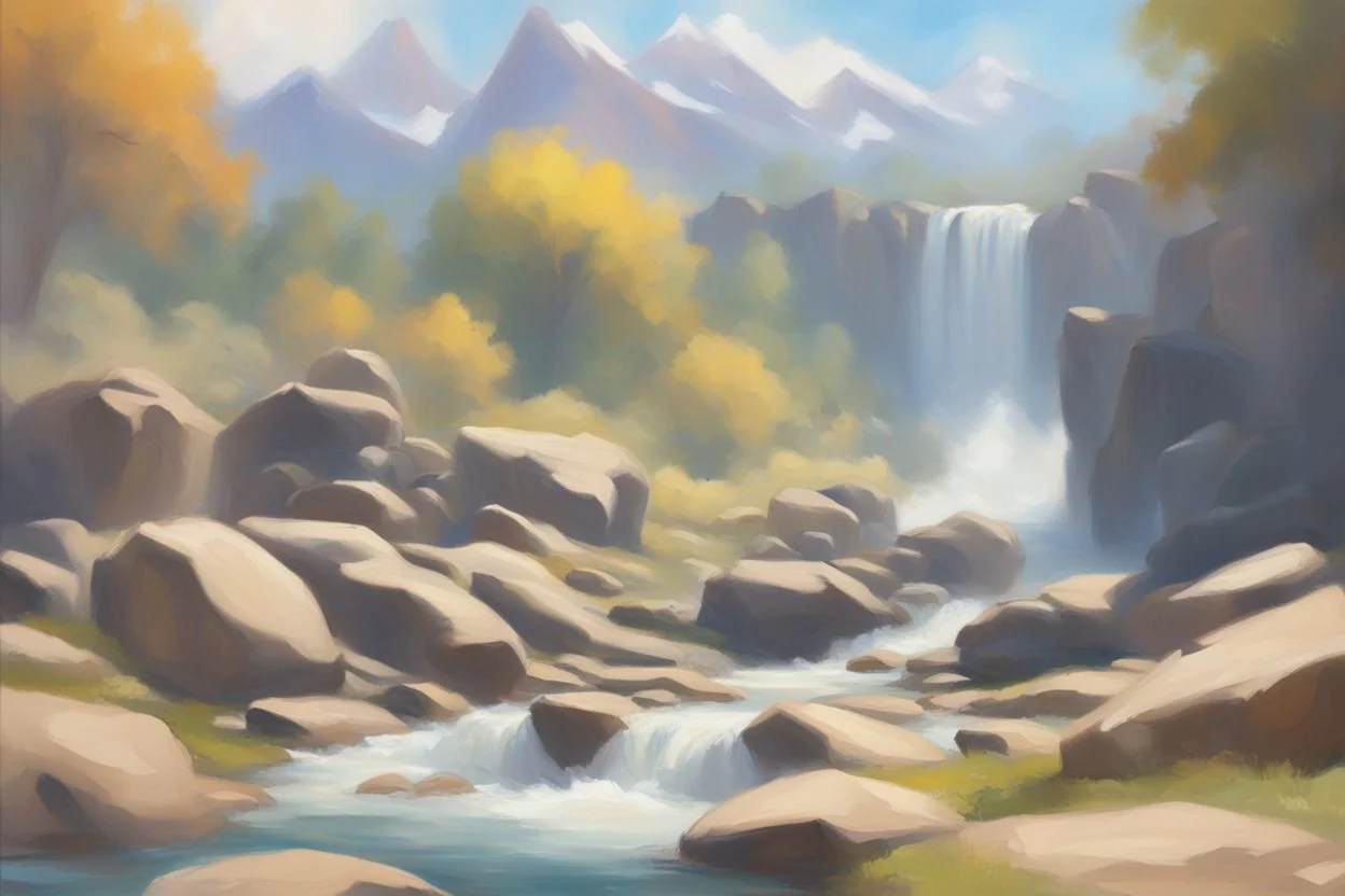 sunny day, rocks, waterfall, mountains, videogame influence of need for speed landscapes, anna boch impressionism paintings