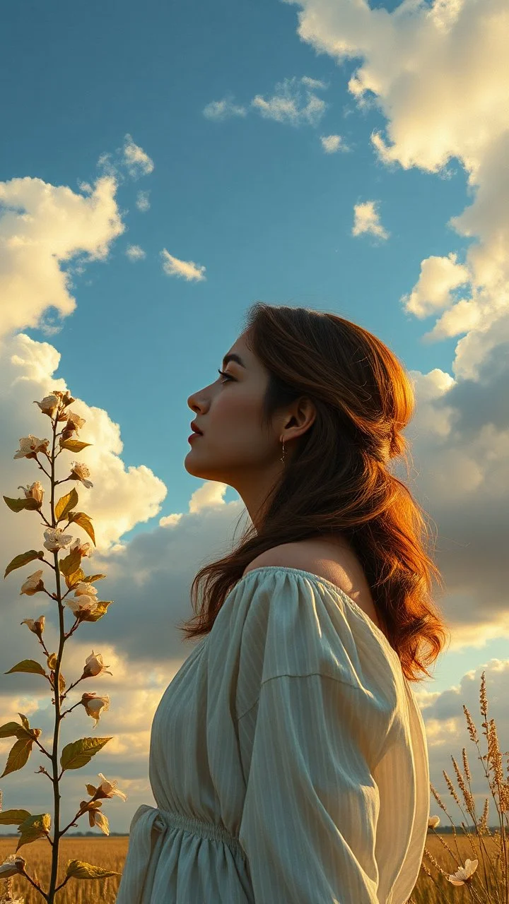 view of a very beautiful women at the golden hour with clouds at the sky with gold branch ,leaves and white flowers on the side ,oil paint style, Van Gogh painting style, a realistic cloudy sky in the background