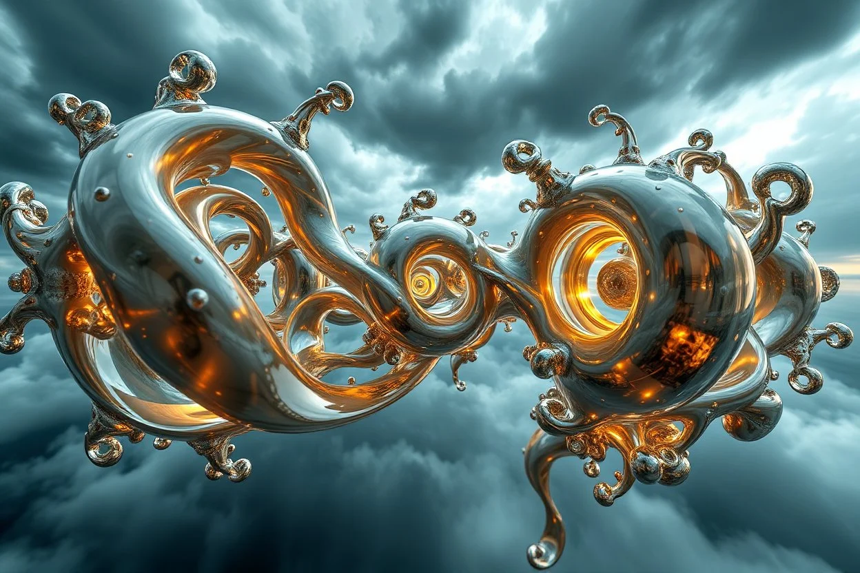 Dynamic complex hypnotic fractal 3D Symmetrical structures with mirrors twisting and morphing between organic and geometric forms , smooth translucent iridescent glass with inner glow and bubbles, varied transparent materials, stormy skies, intense dramatic