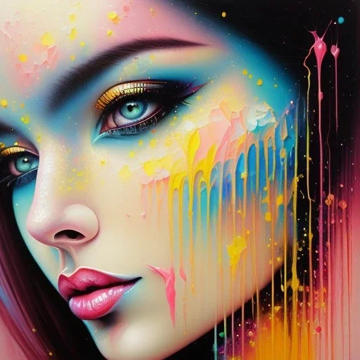 iv_a painting of a young woman, figurative art, an acrylic detailed painting, , brush strokes, paint drips and drabs and splatters by Harumi Hironaka, turquoise pink and yellow, james terrell art, trending on artstation, soft lines,intricate art by bastien lecouffe deharme and greg rutkowski