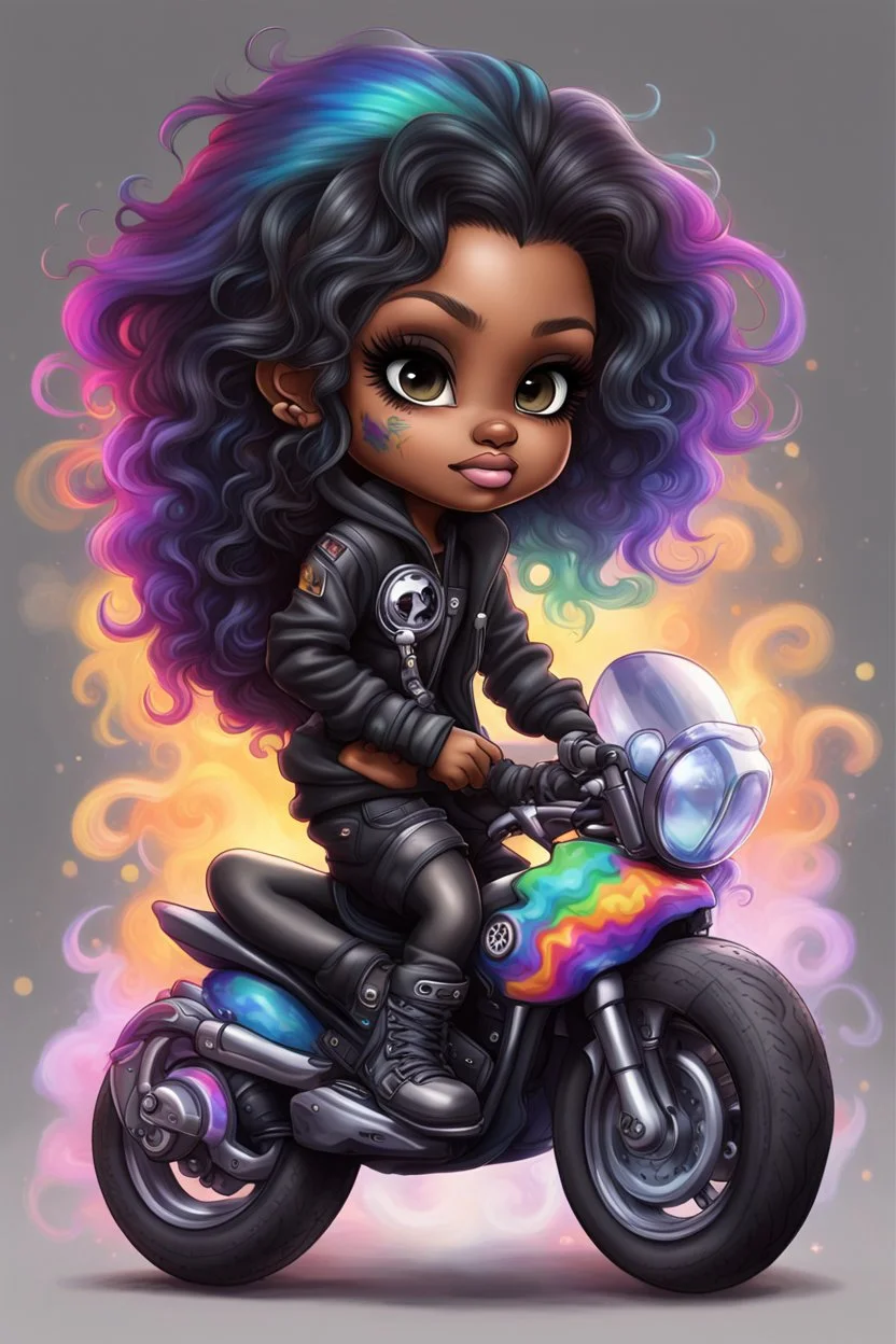 Create an digital airbrush illustration of a chibi cartoon black female wearing tie dye hoodie and black tights and biker boots. Sitting on a colorful sports motorcycle. Prominent make up with long lashes and hazel eyes. Highly detailed long twisted wavy hair blowing in the wind. Background of a bike show and smoke around her.