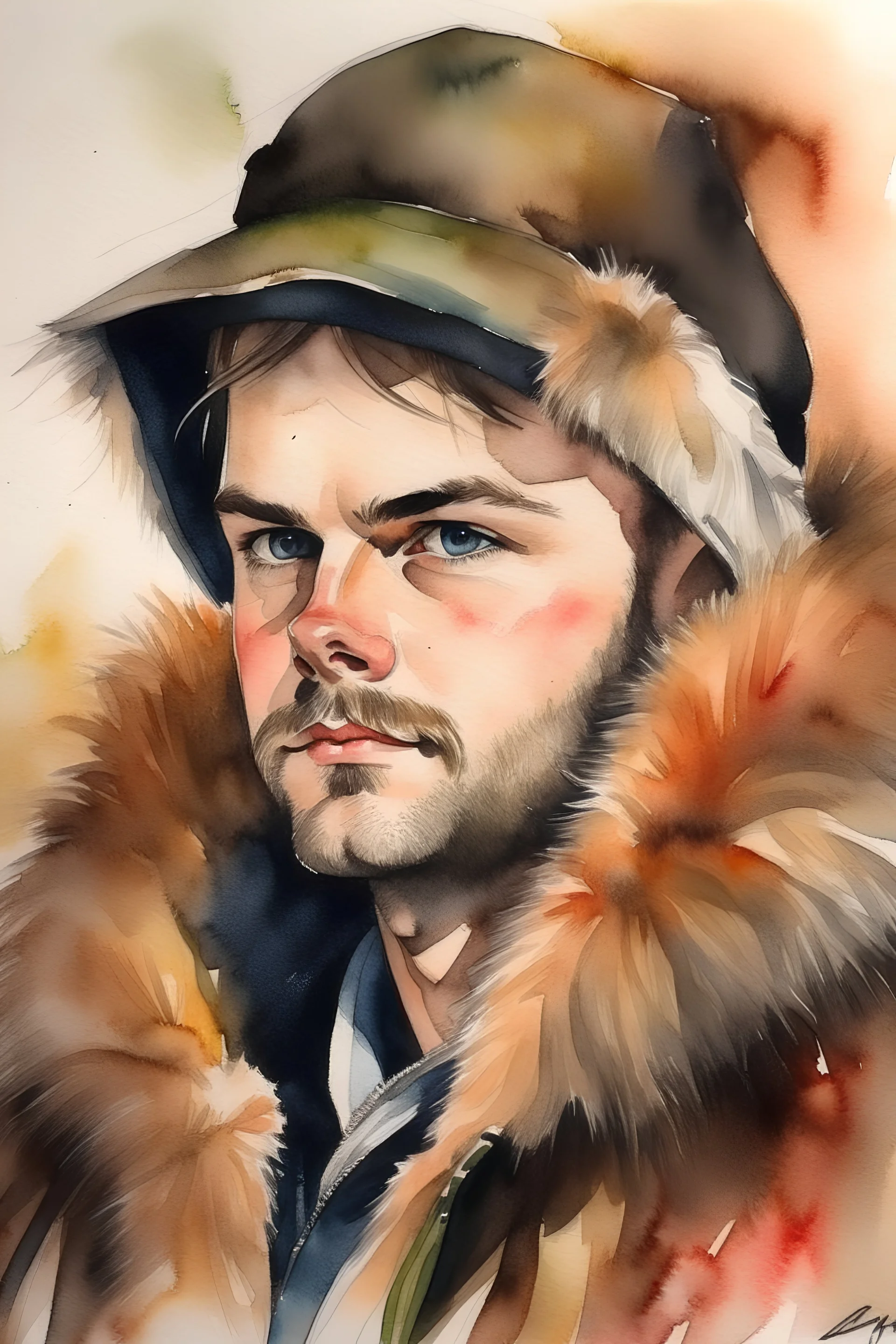 Watercolor potrait of my boyfriend wearing a fur