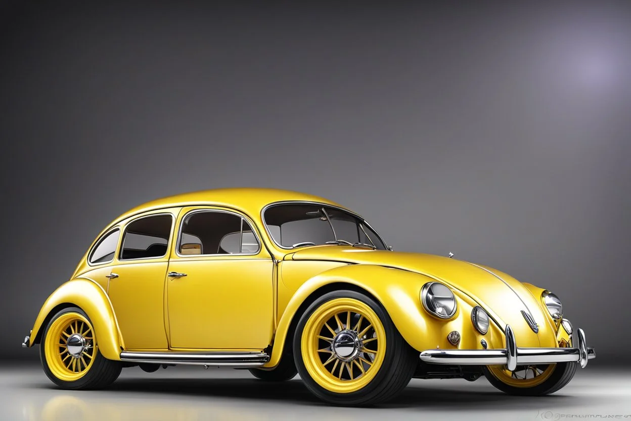 volks wagen beetle , classic model, paint shining yellow, big wheels, aeodinamic kit, , style cartoon