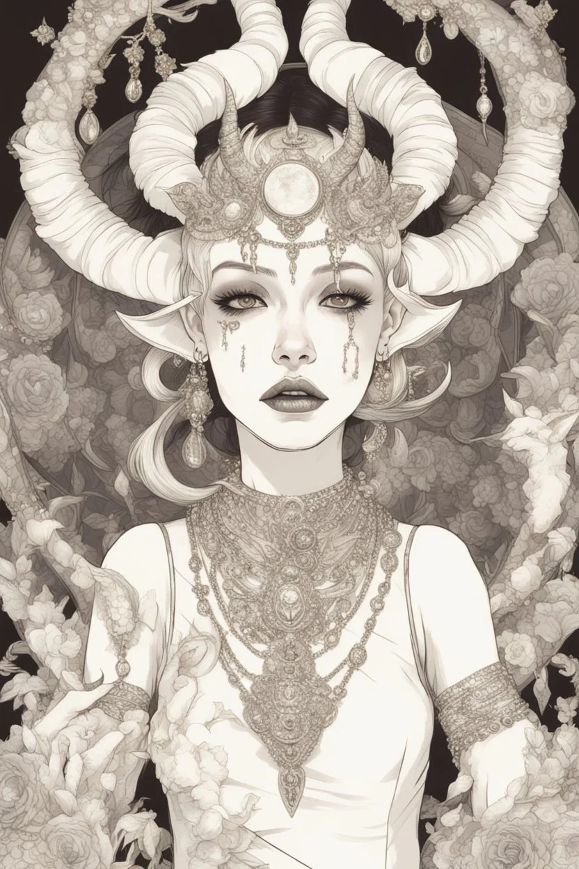 A young tiefling woman with a set of ram horns on her head encrusted with jewels, White-Blonde, short hair, black eyes, dressed in white and gold with lots of jewelry, beautiful, satanic tattoos on her neck,