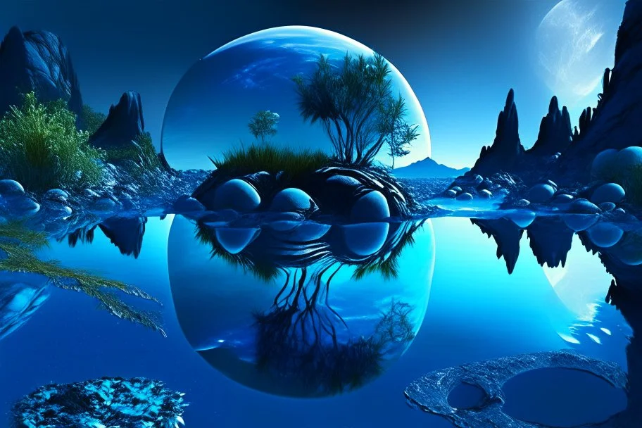 blue exoplanetin the sky, water reflection, rocks, vegetation