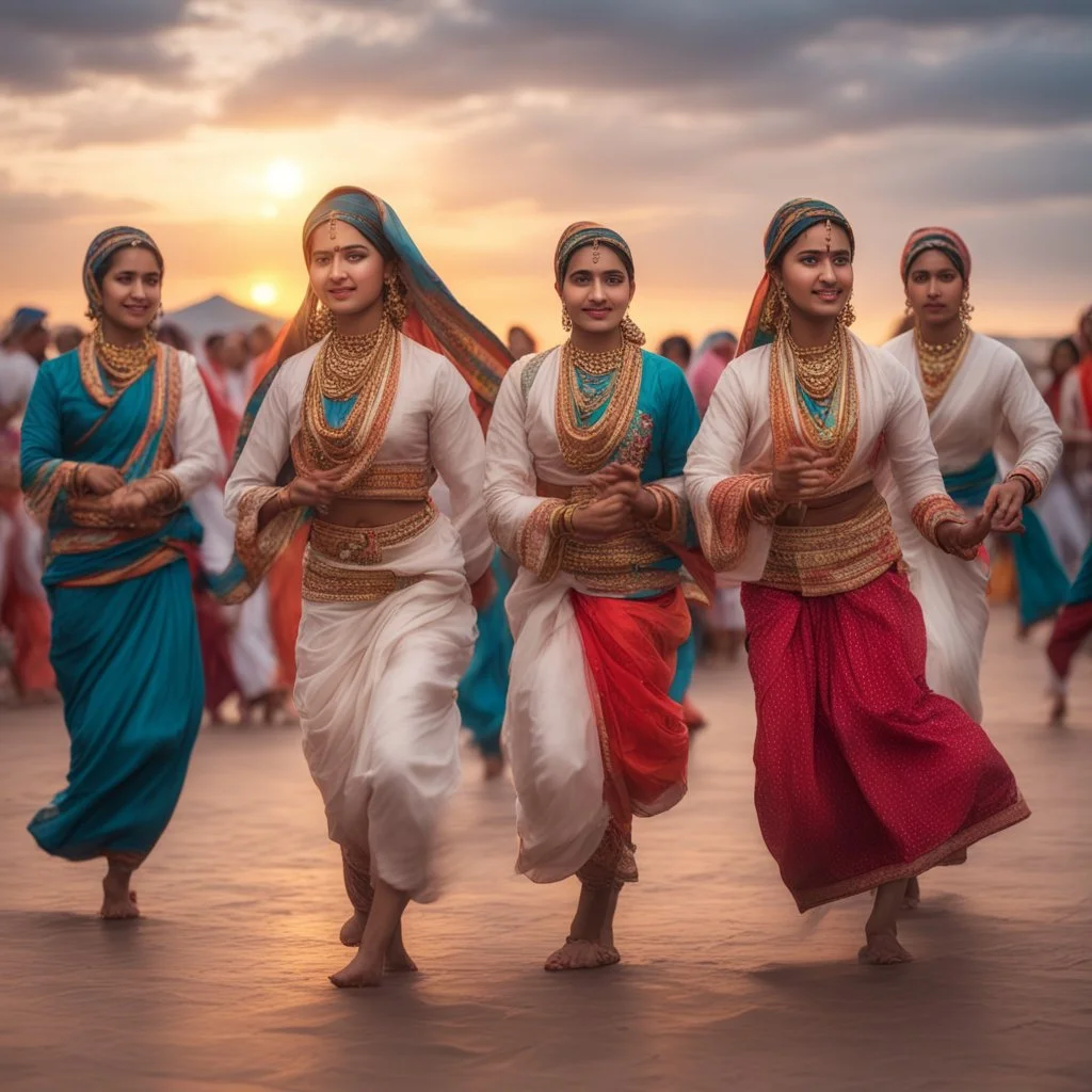 Hyper Realistic cultural Pushto girls & Women doing traditional attan dance with traditional desi cloths in a cultural area with other people at cloudy sunset