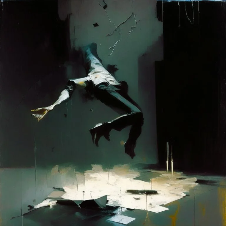 Minimal abstract oil paintings falling person limbs sinew and concrete fragments illuminated at night style of Justin Mortimer and Phil Hale