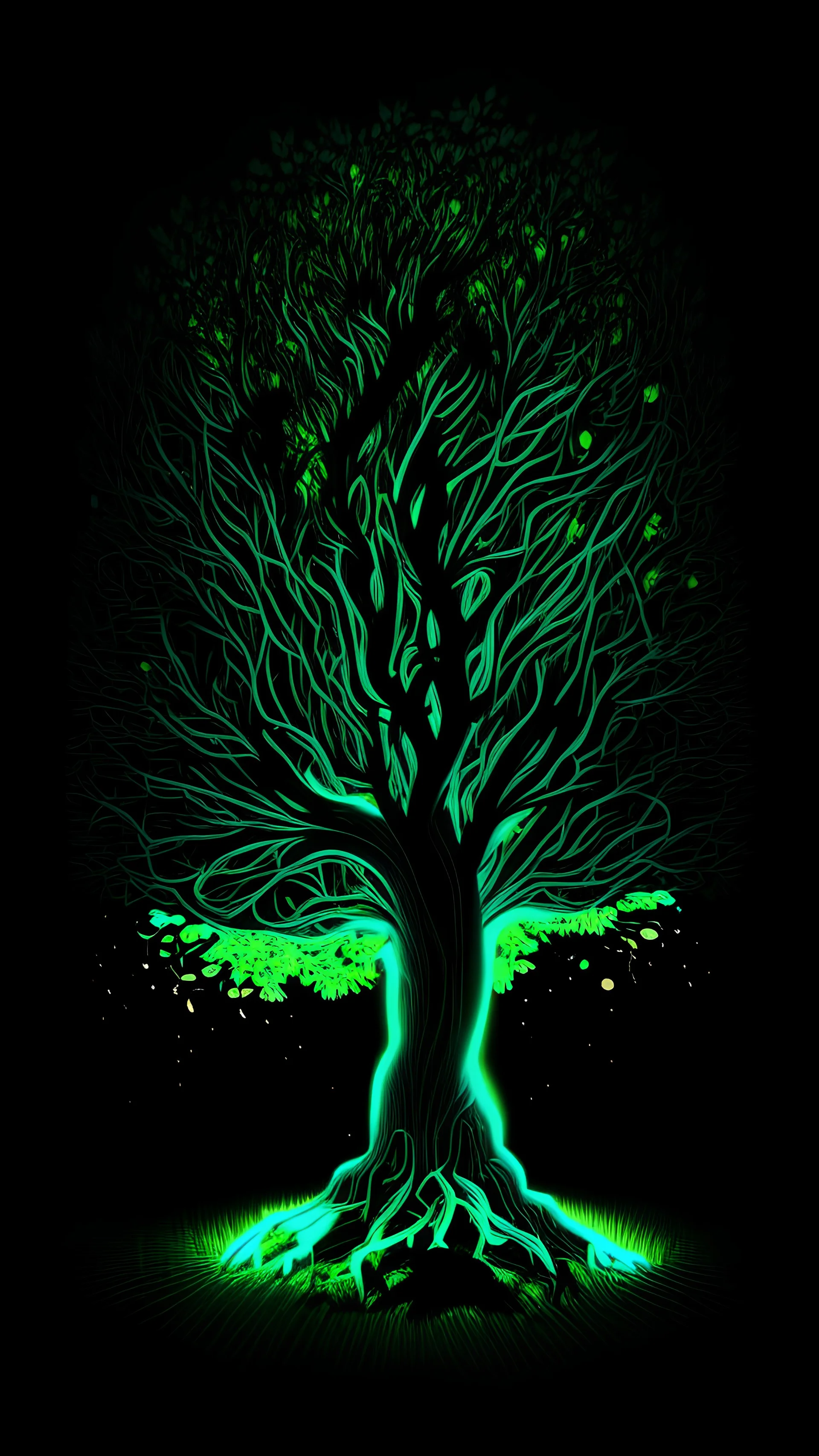 Stunning illustration of tree, glowing in the dark with LightGreen neon light, centered on a black background, in the style of pop surrealist artist, fine art, illustration