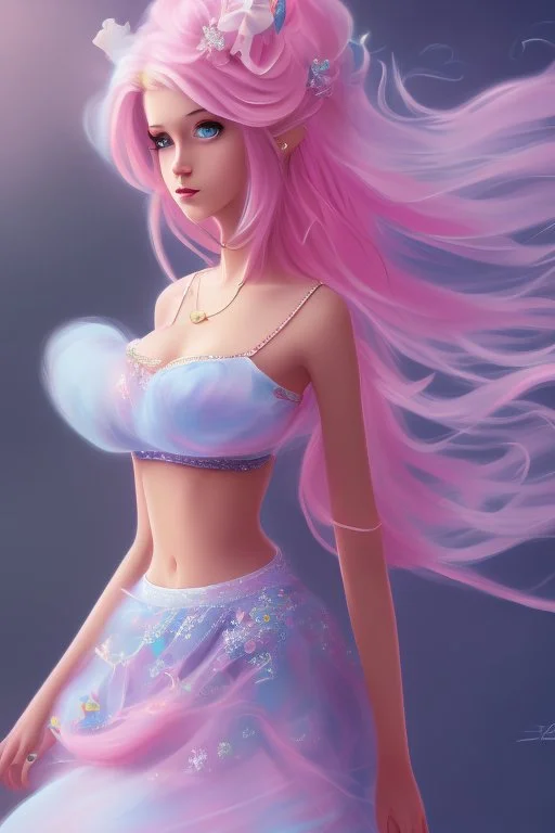 full body shot of Cotton candy girl, digital painting, high quality,standing pose, by IrinaKapi