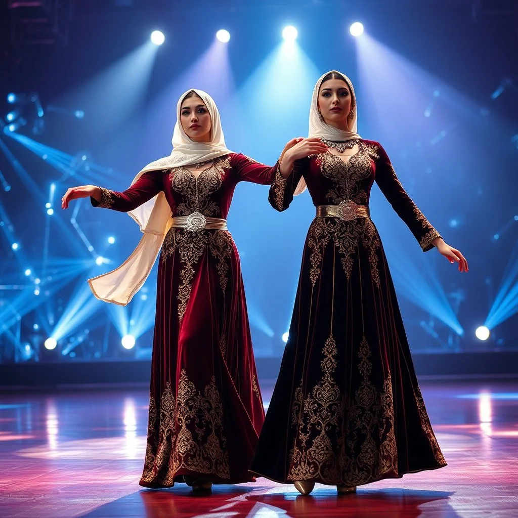 single women in elegant, long, flowing dress (possibly Azeri don or similar styled), made from rich fabrics like velvet or silk, adorned with intricate gold or silver embroidery, particularly on the bodice and sleeves. she wear delicate, often lace headscarves (kelaghayi) covering their hair, and traditional Azerbaijani jewelry (layered necklaces, large earrings, intricate wsilver belts with coin motifs). with dance shoes ,with dance shoes,at a opera modern stage with dynamic animating lights Th