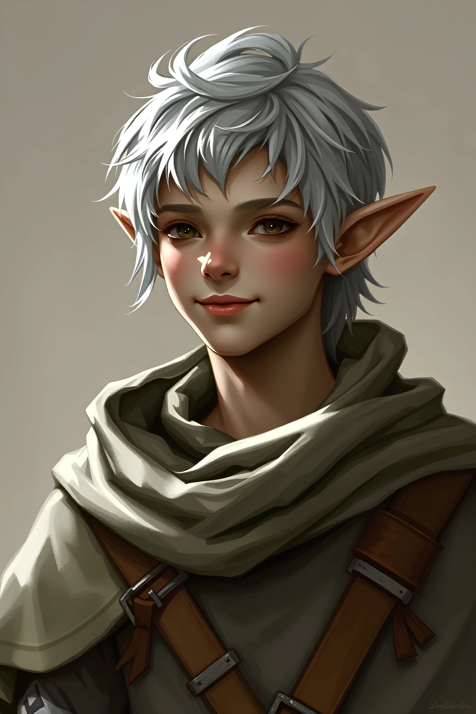 DND cloaked young male elf ranger gray skin short silver hair warm smile