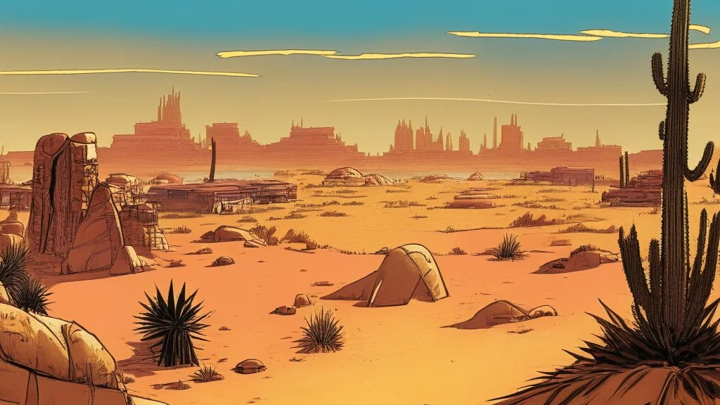 desert city far in the background comic style