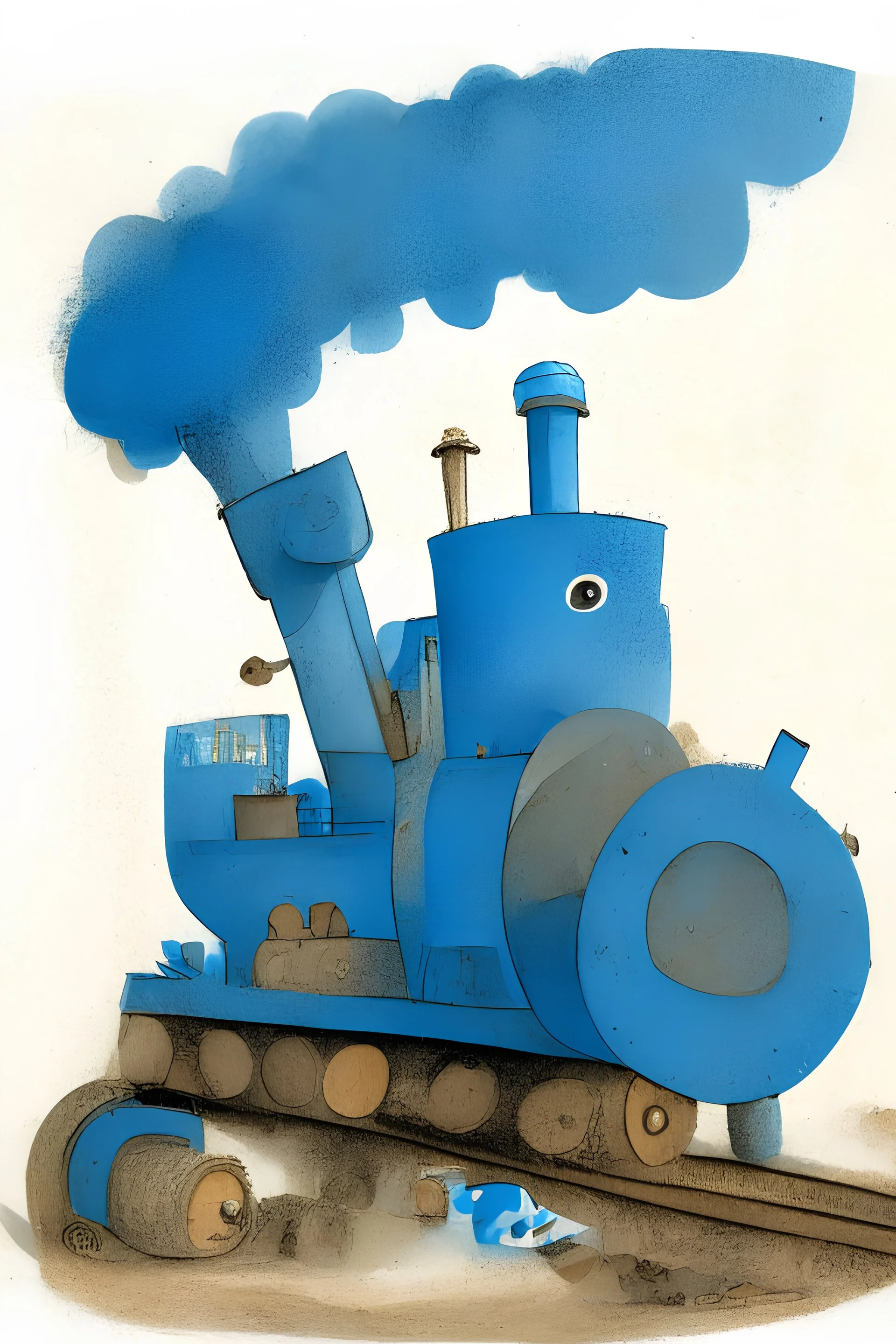 Illustrated children's book page, friendly, blue steam shovel