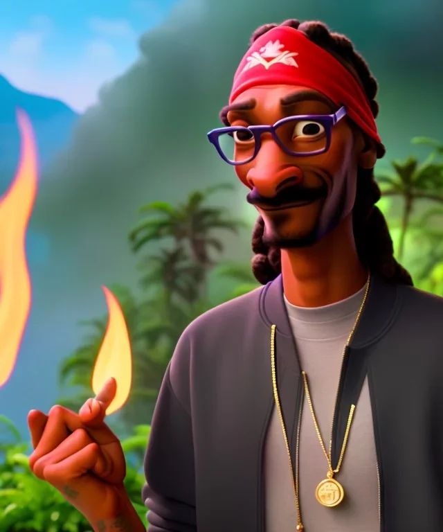 Snoop Dogg, smoking weed, burning dollars, jungle background, hyper realistic