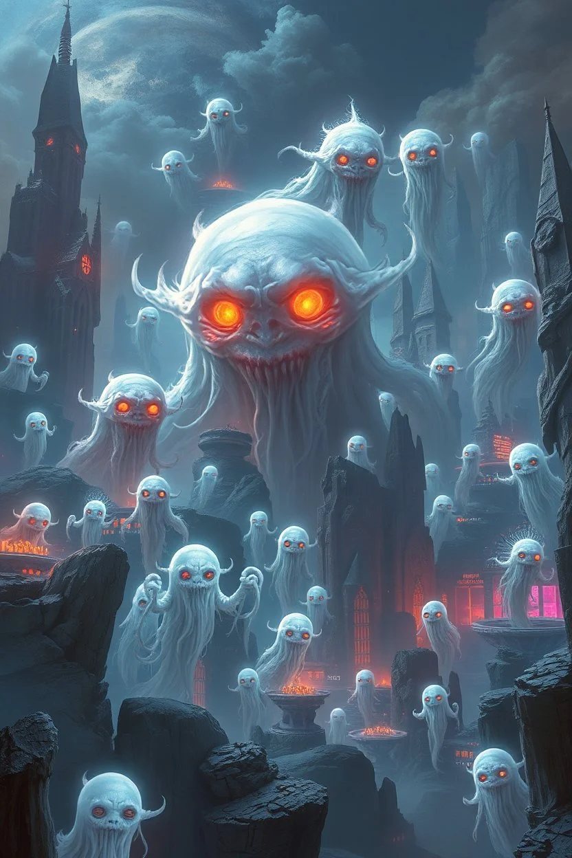 A captivating depiction in digital form, showcasing a plethora of extraordinary ghost creatures thriving within a surreal and lively ghosts realm. This imaginative artwork embodies the essence of science fiction, presenting a medium shot composition with fantastical beings that are unique, belonging to a world beyond our own. A modern city out of this world enhanced by atmospheric lighting, and breathtaking landscapes. Busch painting style nightmare