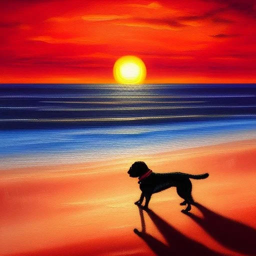 A painting of a woman and a dog walking on a beach at sunset with the red sun in the background, inspired by Chris Moore, inspired by Henry Macbeth-Rayburn, bloody sunset, looking out into the Red Ocean, acrylic and oil painting, with sunset, watching the sunset, 'a lonely dark figure'' !!, inspired by Dave Kendall, epic red - orange moonlight, acrylic painting on oiled canvas