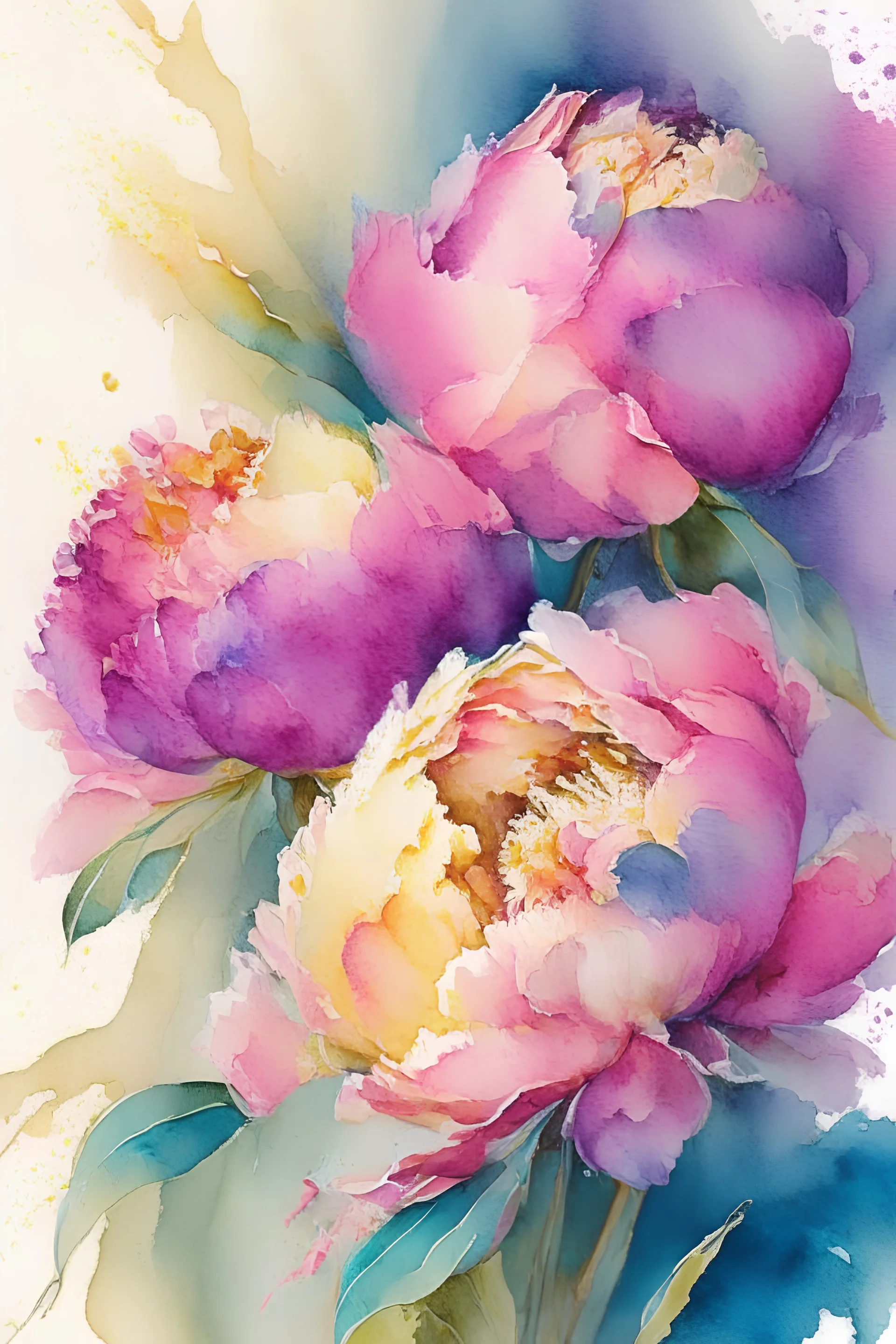 peonies, watercolor painting, ultrasharp, realistic colors, with some splashes of mixed colors