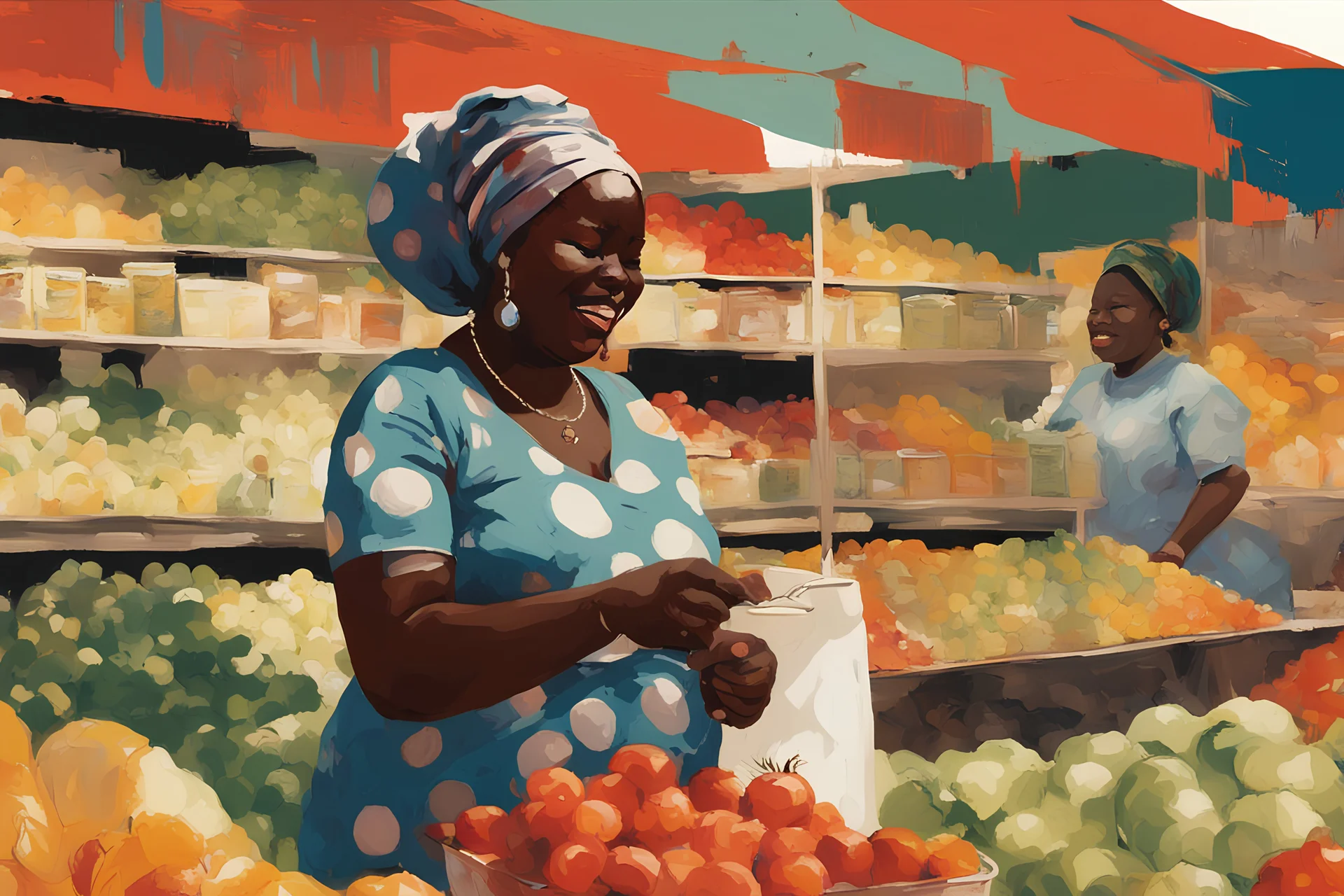 fat African women laughing bending down buying fruits selling vegetables polkadots wear njideka akunyili splash,JEREMY MANN Paint Strokes, minimalist illustration minimalist illustration
