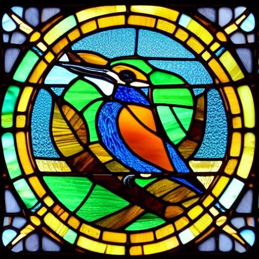 round coaster of kingfisher with stained glass window effect, highly detailed, intricate, warm colors, stained glass window, glossy from rain, warm lighting, dramatic lighting