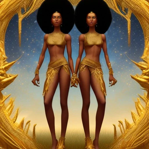 Female angelic African American Twins, black skin, tall and slender, long afro kinky hair,big brown eyes, long eyelashes warrior wear. Big butts. Gold accents on clothing. Surround by trees. Holding golden spears. Starry night