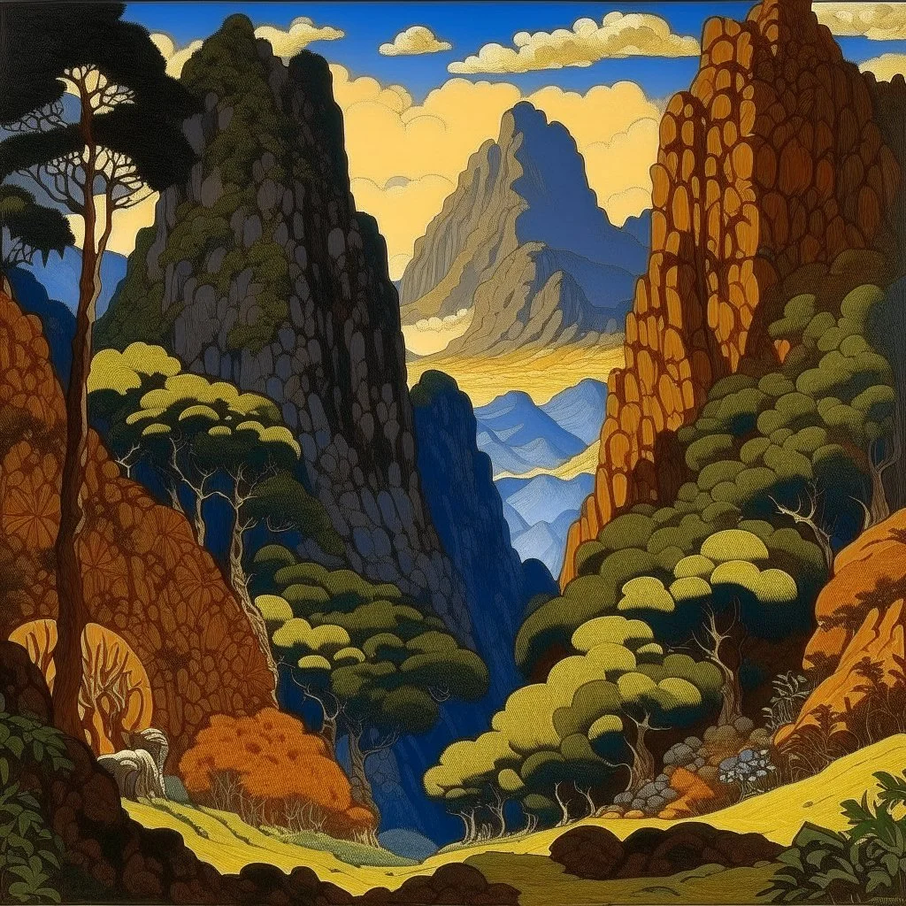 Brown mountains with a canyon designed in Javanese shadow puppets painted by Paul Ranson