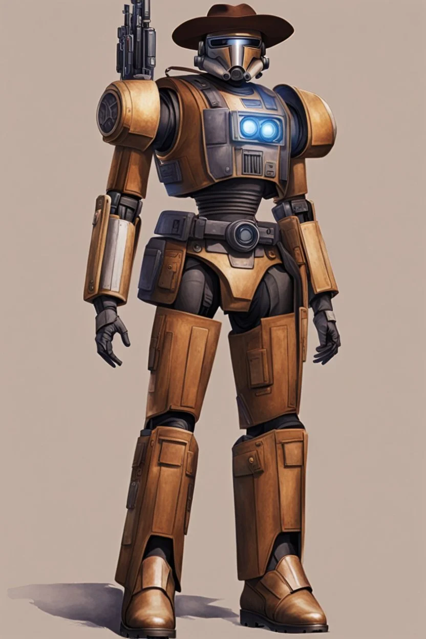 A Star Wars Combat Droid, Wearing Western Cowboy Clothes, Armour looks like Halo, Wearing a cowboy hat and a Cowboy Over-Coat.