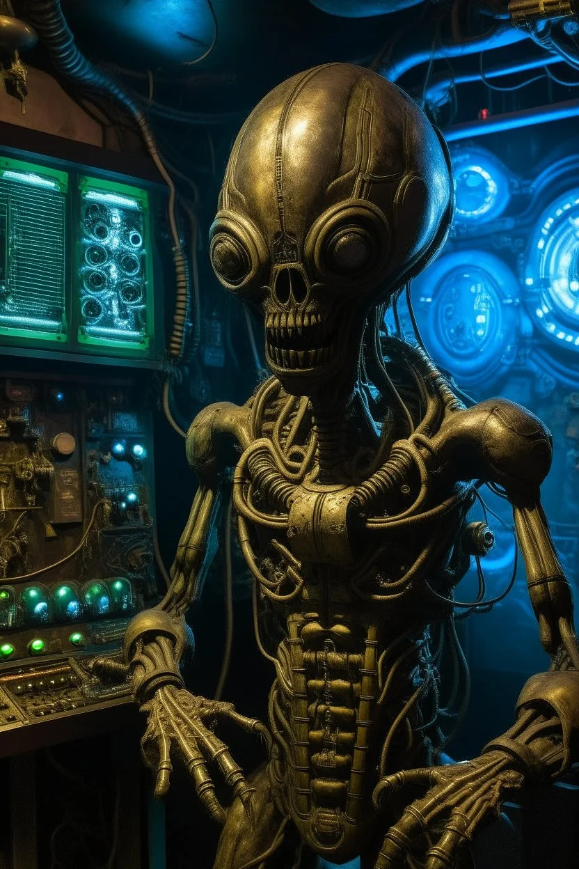 steampunk giant alien with tiny lcds face in a dark in a background A big wall of control system with an alien standing
