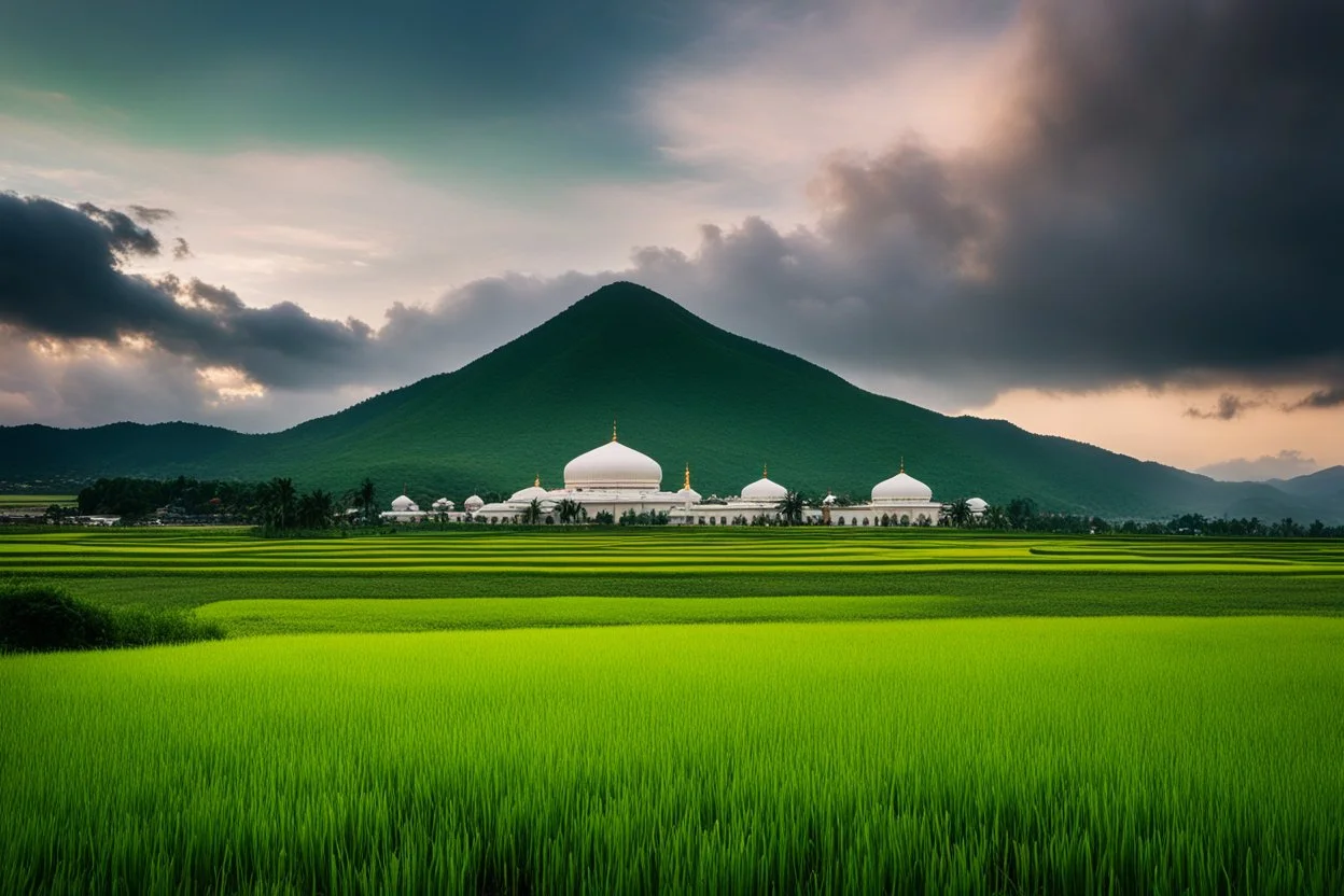 Photography Art beautiful dramatic evening ,Islamic Mosque ,rice paddy fields,green mountain background,imaginative photoshoot fromfar