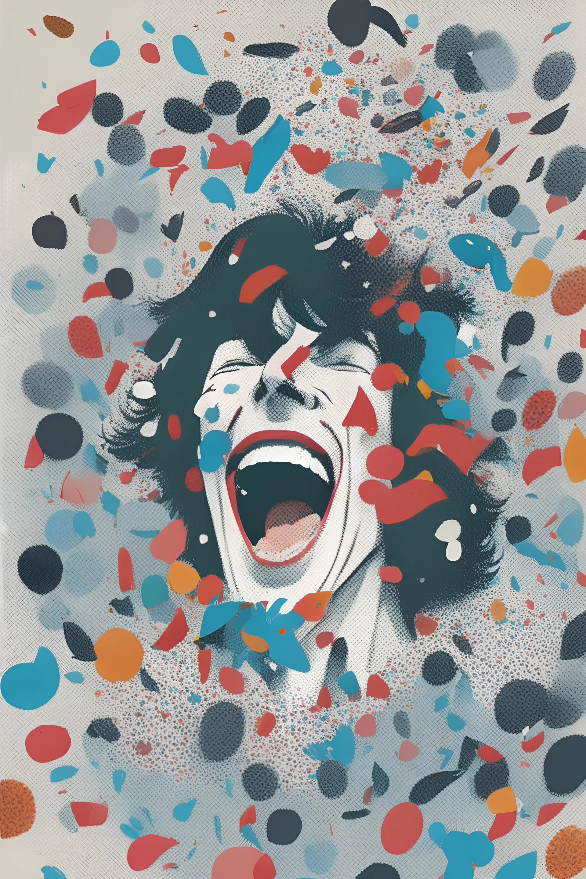 A Hedof illustration style. The center of the illustration contains an open mouth (without a face) on a white background (like the one from the Rolling Stones) and there is people and confetti coming out of it like they are having fun