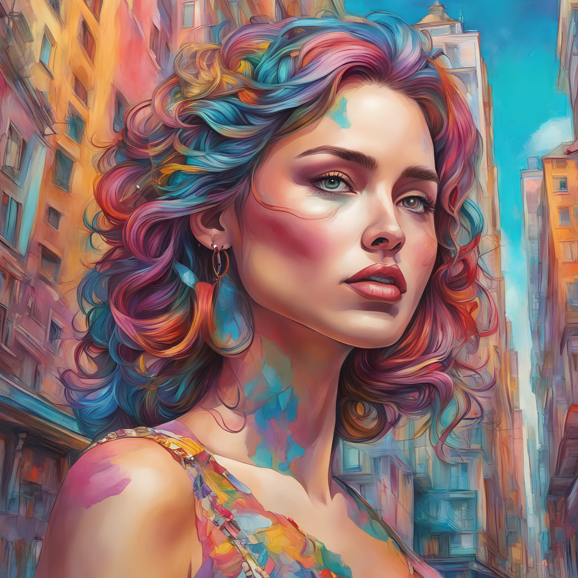 Hermoso dibujo coloreado de mujer, obra de arte, calidad ultra, maximalista, 12k 3D, fondo de ciudad