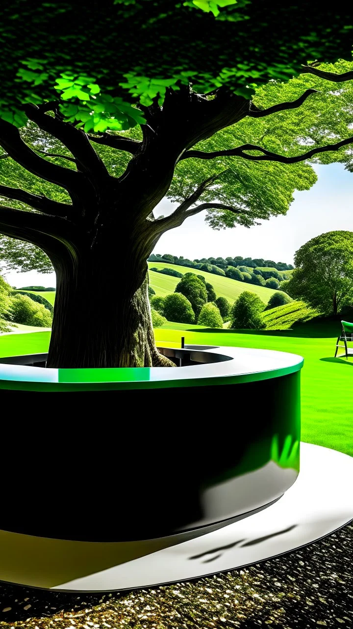 A modern and sleek coffee bar situated in the heart of Sycamore Gap, with a stunning view of the iconic sycamore tree and its vibrant green leaves.