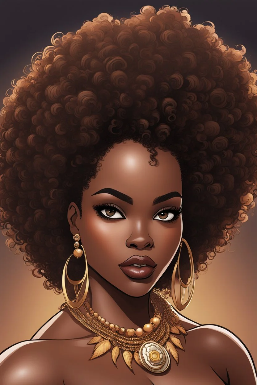 create a comic book art illustration of a curvy size dark skinned black female wearing a hazel brown off the shoulder blouse. Prominent make up with long lashes and hazel eyes. She is wearing brown feather earrings. Highly detailed full black tight curl afro